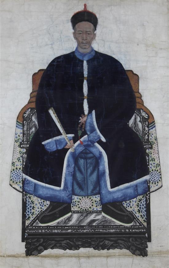 Five Chinese ancestor portraits, late Qing dynasty, largest 106 x 57.5cm including borders